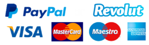 Payment gateway logos (Paypal, Revolut) and credit card symbols (Visa, MasterCard, Maestro, American Express)