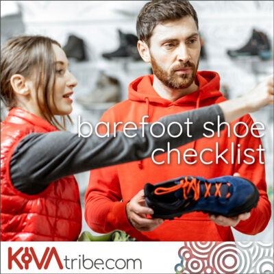 A couple in a shoe shop discussing the shoes with the words "barefoot shoe checklist"
