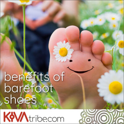 A pair of bare feet with happy smiley faces with the words "benefits of barefoot shoes"