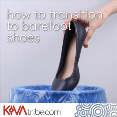 A photo of someone throwing away a heeled shoe with the words "how to transition to barefoot shoes"