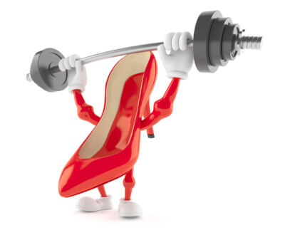 a high heeled shoe cartoon lifting a barbell suggesting that high heels are more than just shoes