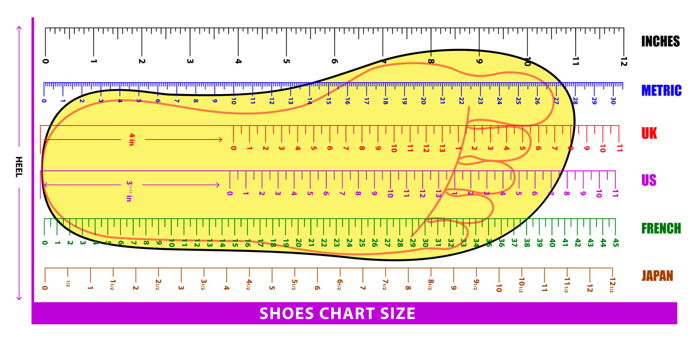 an illustration of a foot overlaid with a chart comparing shoe sizes from around the world